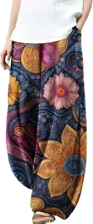 Trousers Pants for Women Wide Leg Floral Print Boho Pants Palazzo Elastic Lounge Casual Lantern Harem Pants