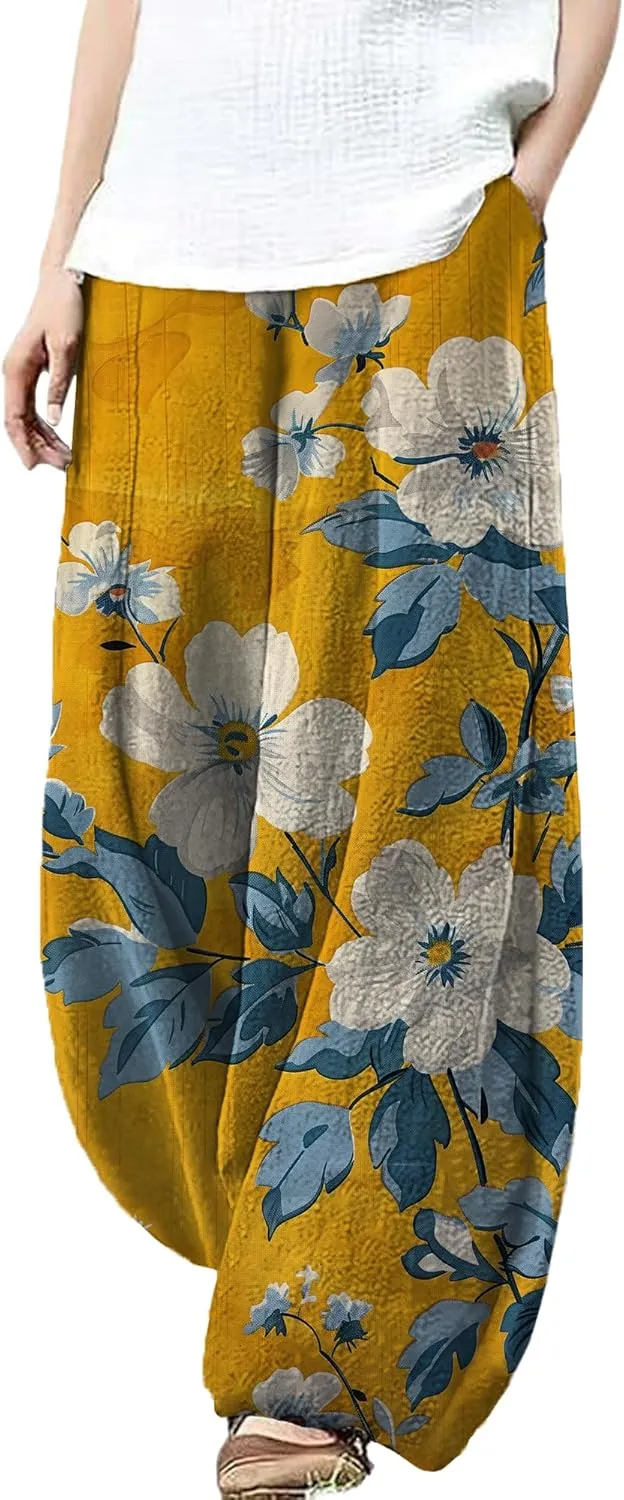 Trousers Pants for Women Wide Leg Floral Print Boho Pants Palazzo Elastic Lounge Casual Lantern Harem Pants