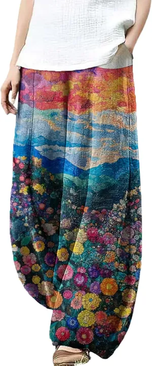 Trousers Pants for Women Wide Leg Floral Print Boho Pants Palazzo Elastic Lounge Casual Lantern Harem Pants