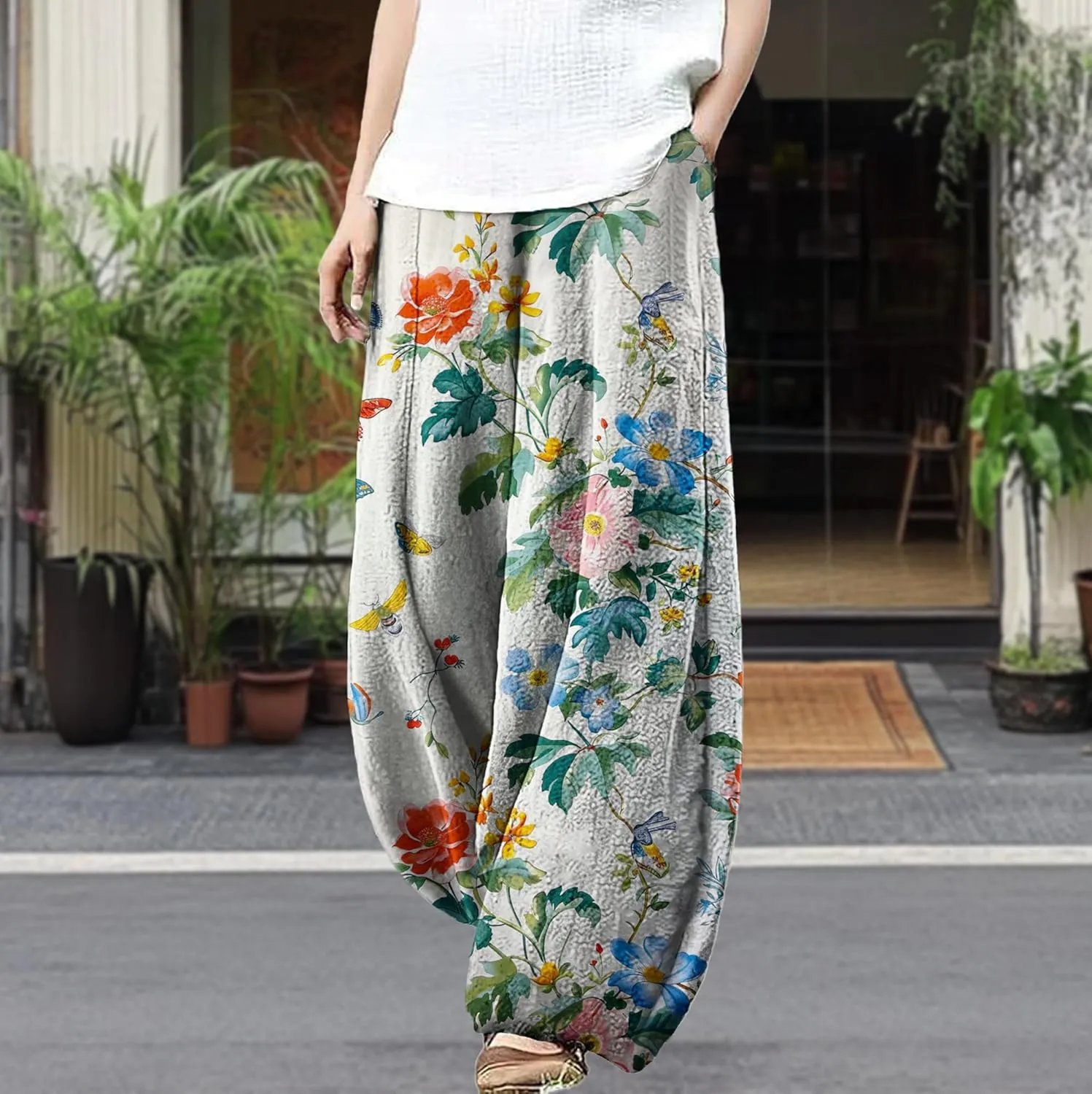 Trousers Pants for Women Wide Leg Floral Print Boho Pants Palazzo Elastic Lounge Casual Lantern Harem Pants