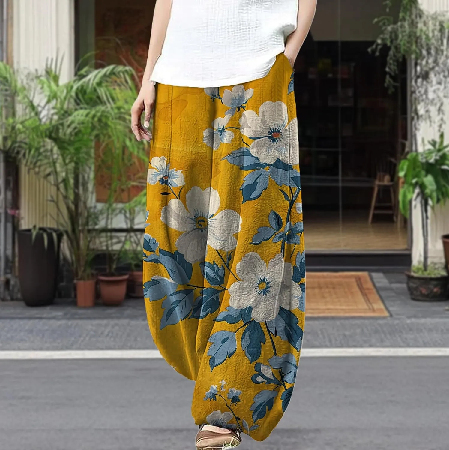 Trousers Pants for Women Wide Leg Floral Print Boho Pants Palazzo Elastic Lounge Casual Lantern Harem Pants