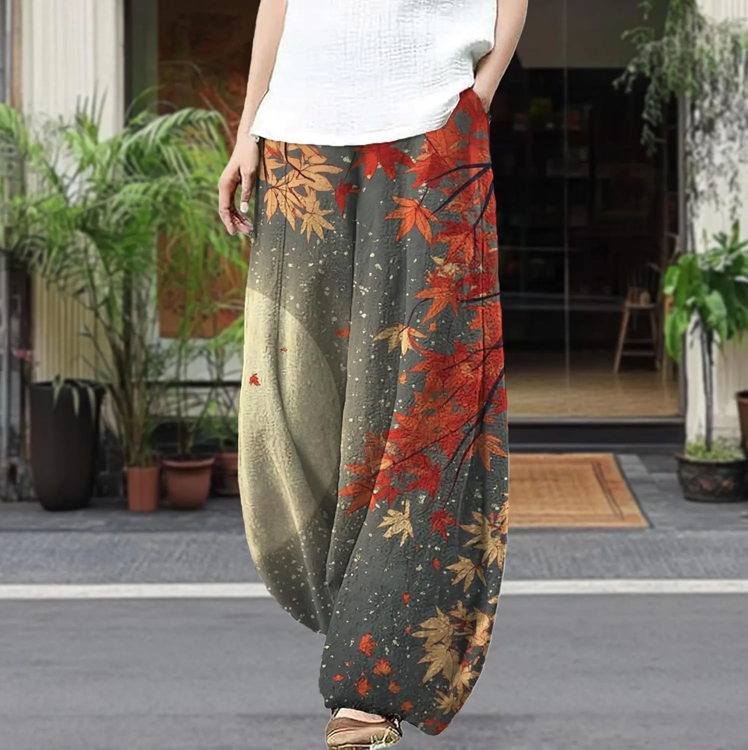 Trousers Pants for Women Wide Leg Floral Print Boho Pants Palazzo Elastic Lounge Casual Lantern Harem Pants