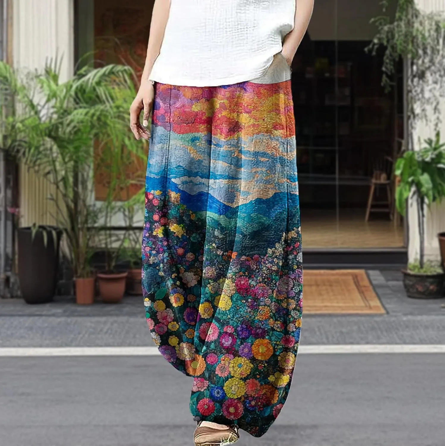 Trousers Pants for Women Wide Leg Floral Print Boho Pants Palazzo Elastic Lounge Casual Lantern Harem Pants