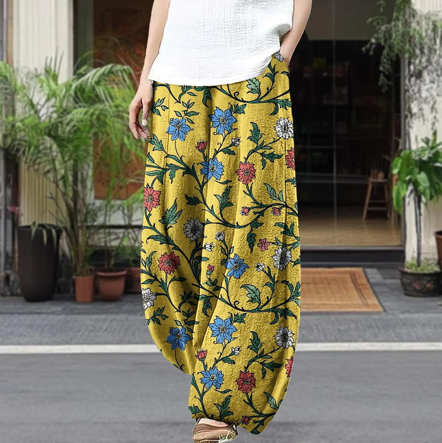 Trousers Pants for Women Wide Leg Floral Print Boho Pants Palazzo Elastic Lounge Casual Lantern Harem Pants