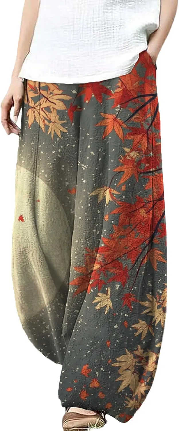 Trousers Pants for Women Wide Leg Floral Print Boho Pants Palazzo Elastic Lounge Casual Lantern Harem Pants