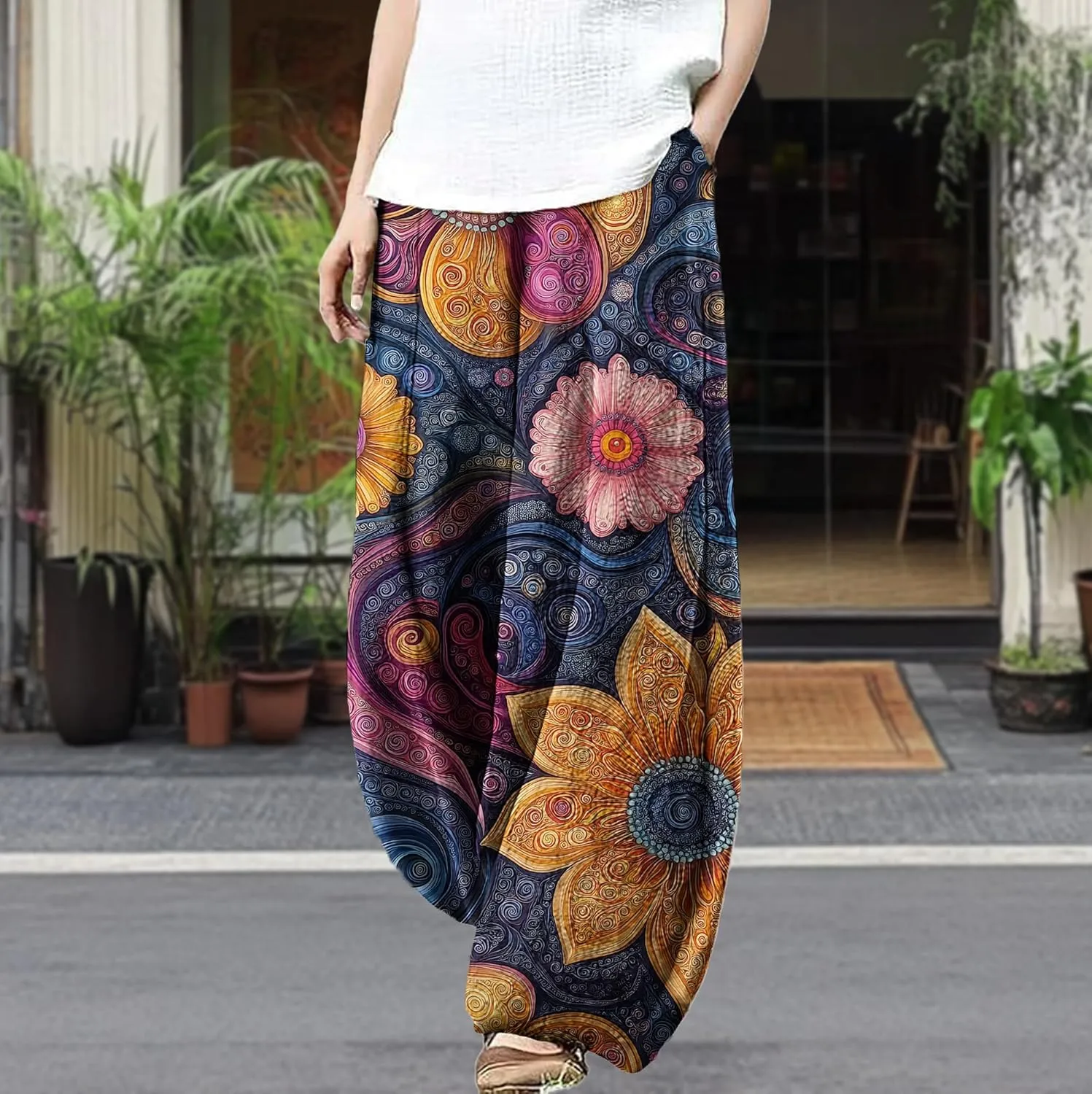 Trousers Pants for Women Wide Leg Floral Print Boho Pants Palazzo Elastic Lounge Casual Lantern Harem Pants