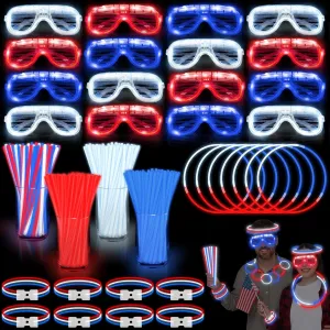 TURNMEON 248 Pcs 4th of July Light Up Party Favors, 24 Red White Blue Glasses 200 Patriotic Glow Sticks Bulk with Connectors Glow in the Dark Party Supplies Independence Day Decor