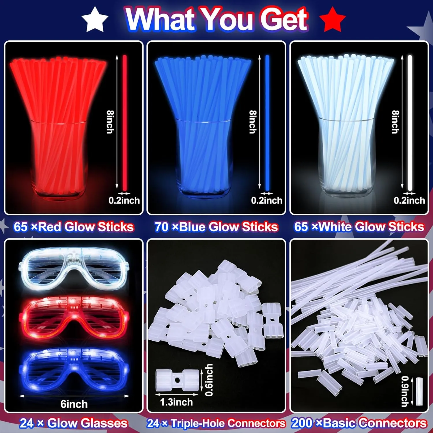 TURNMEON 248 Pcs 4th of July Light Up Party Favors, 24 Red White Blue Glasses 200 Patriotic Glow Sticks Bulk with Connectors Glow in the Dark Party Supplies Independence Day Decor