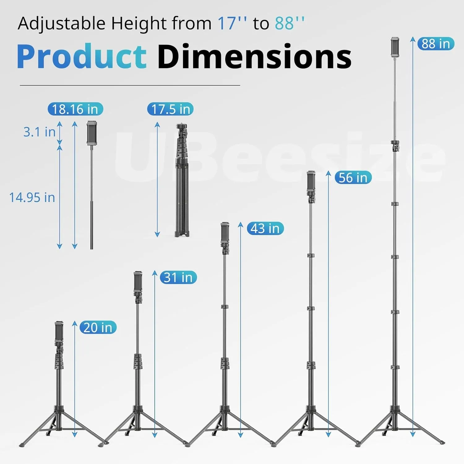 UBeesize 88’’ Flexible Phone Tripod with 14.95’’ Gooseneck, Remote and Phone Holder, Overhead Cell Phone Stand＆Selfie Stick for Video Recording, Compatible with iPhone Android Phone, Camera Black