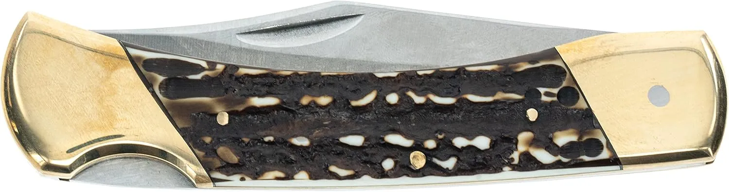 Uncle Henry Next Gen Staglon LB8 Bear Paw 8.7in Folding Knife with 3.7in Stainless Steel Clip-Point Blade, Brass Bolsters, and a Staglon Handle for Hunting, Camping, EDC, and Outdoors