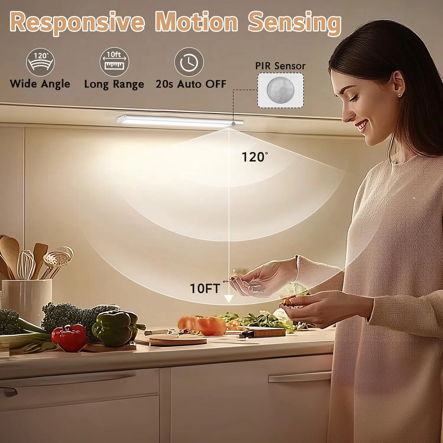 Under Cabinet Lighting Wireless, 4Pack Motion Sensor Light Indoor with 3 Color Temps, Dimmable Closet Lights Battery Operated, LED Magnetic Light, Rechargeable Under Counter Lights for Kitchen