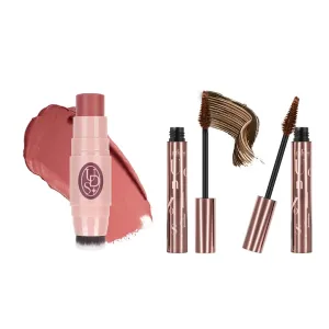 Unidollss Cheek & Eye Synchronization Bundle: 3-in-1 Cream Blush Stick (02 Infatuation)   Tubing Mascara Brown 2Pcs | 60-Second Flawless Glow & Lash Extension, Sensitive Skin Safe
