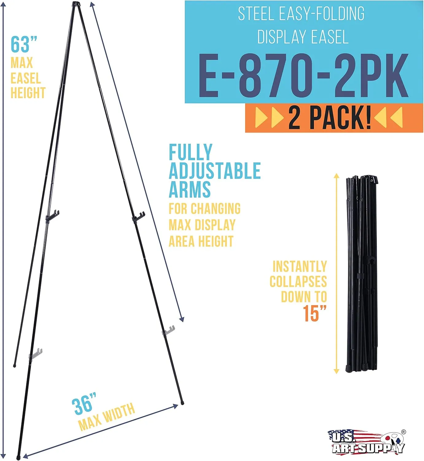 U.S. Art Supply 63" High Metal Folding Display Easel (2 Pack) - Adjustable Height, Instantly Collapses, Holds 5 lbs - Portable Art Easel Stand - for Sign, Poster, Canvas, Painting, Picture Display