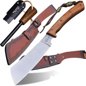 USA 6mmDC53 steel 43CM (17.2 ") full Tang fixed knife with leather sheath and (5.9 ") ceria ignition head, suitable for outdoor hunting, camping, clearing, adventure, fishing, EDC, BBQ
