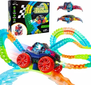 USA Toyz Zero-G Glow Race Track for Kids- 105pcs Glow in The Dark Flexible Race Track Set with Suction Cups, Slot Car, 2 Graffiti Toy Cars Shells, STEM Toy LED Car Tracks for Boys and Girls Age 3 