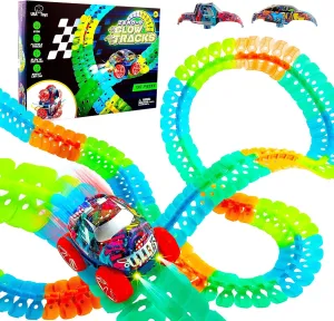 USA Toyz Zero-G Glow Race Track for Kids- 150pcs Glow in The Dark Flexible Race Track Set with Suction Cups, Slot Car, 2 Graffiti Toy Cars Shells, STEM Toy LED Car Tracks for Boys and Girls Age 3 