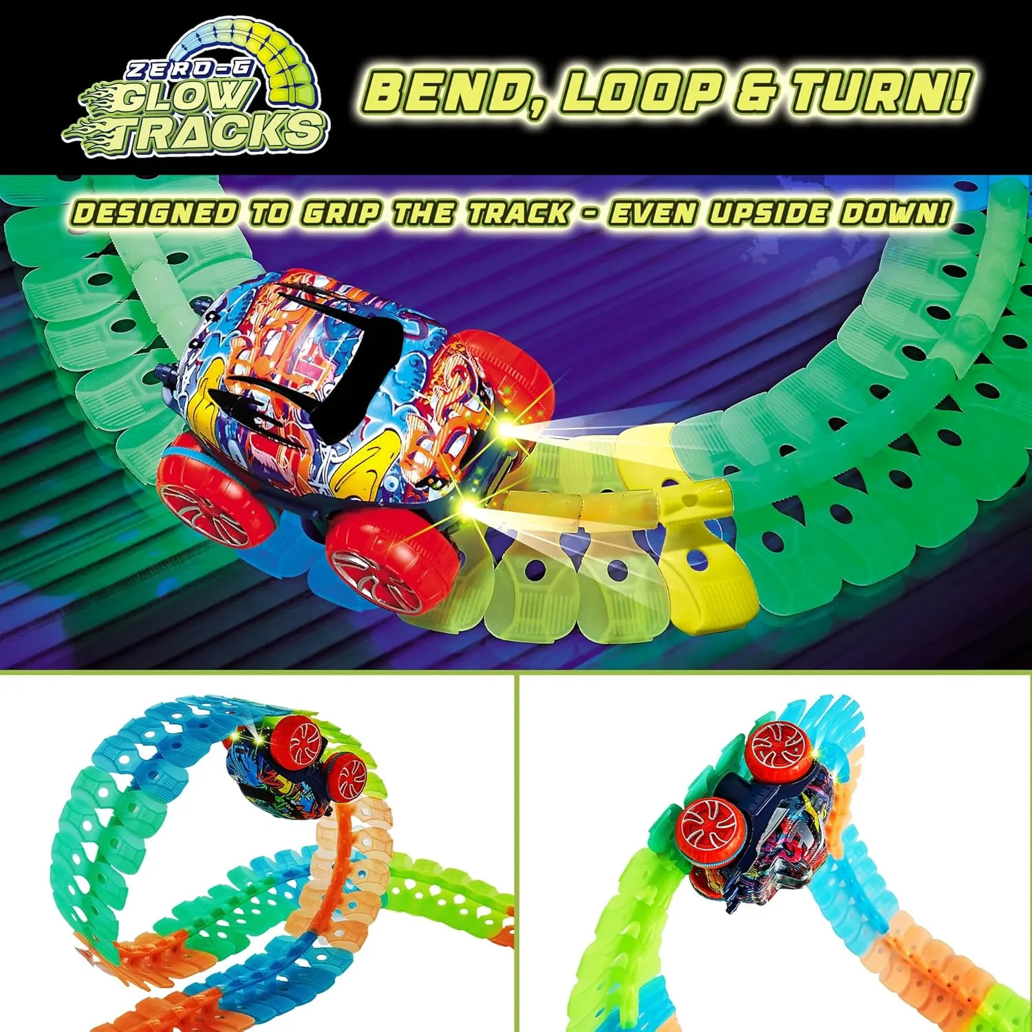 USA Toyz Zero-G Glow Race Track for Kids- 150pcs Glow in The Dark Flexible Race Track Set with Suction Cups, Slot Car, 2 Graffiti Toy Cars Shells, STEM Toy LED Car Tracks for Boys and Girls Age 3 