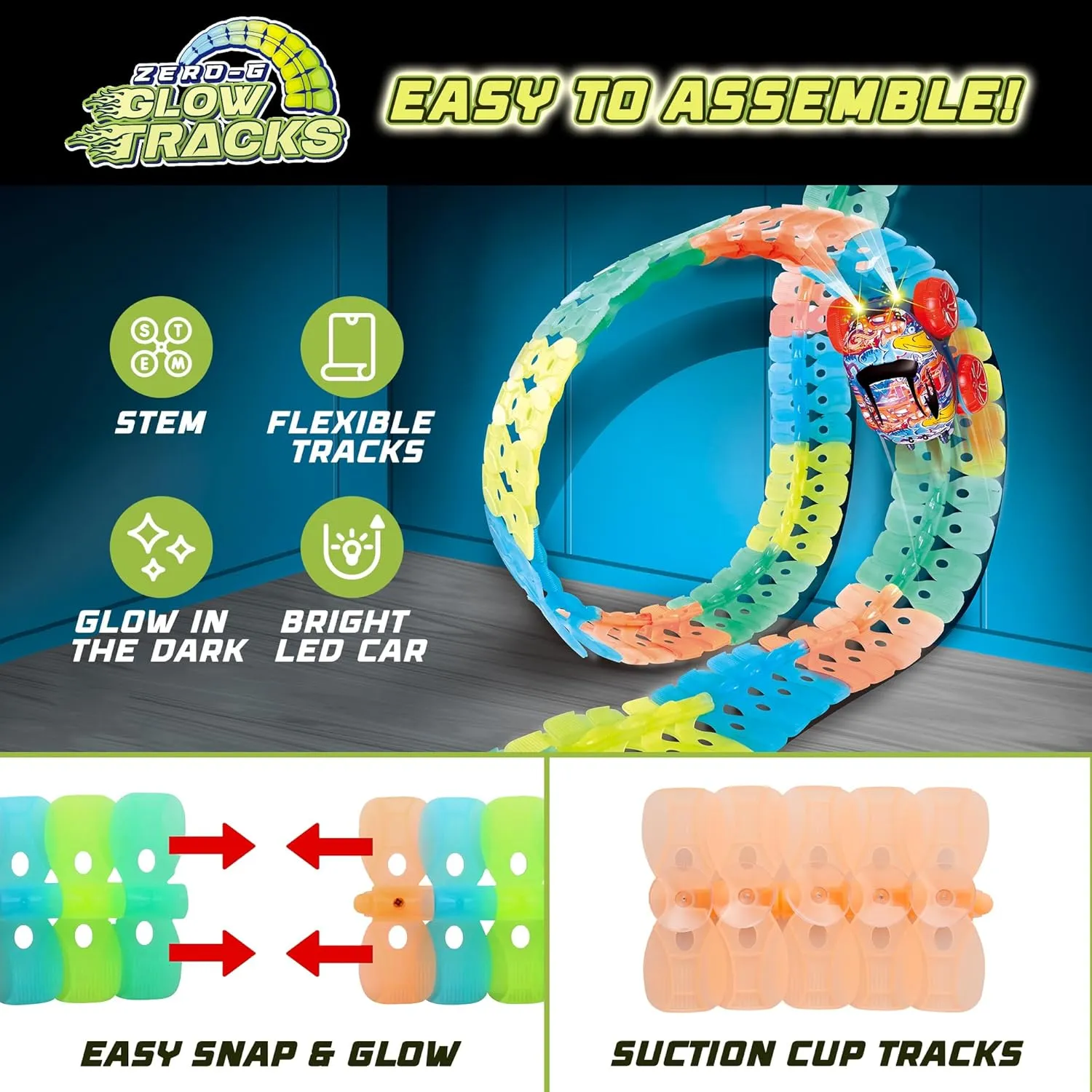 USA Toyz Zero-G Glow Race Track for Kids- 150pcs Glow in The Dark Flexible Race Track Set with Suction Cups, Slot Car, 2 Graffiti Toy Cars Shells, STEM Toy LED Car Tracks for Boys and Girls Age 3 