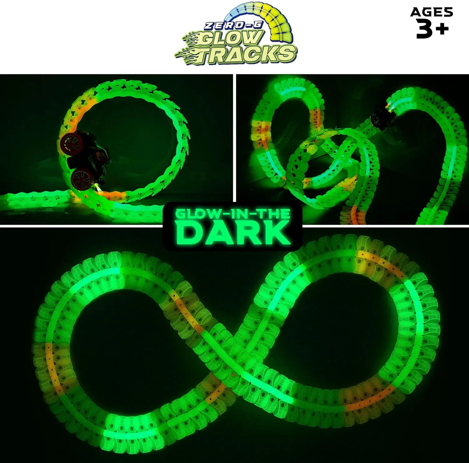 USA Toyz Zero-G Glow Race Track for Kids- 150pcs Glow in The Dark Flexible Race Track Set with Suction Cups, Slot Car, 2 Graffiti Toy Cars Shells, STEM Toy LED Car Tracks for Boys and Girls Age 3 