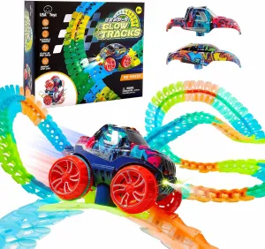USA Toyz Zero-G Glow Race Track for Kids- 60pcs Glow in The Dark Flexible Race Track Set with Suction Cups, Slot Car, 2 Graffiti Toy Cars Shells, STEM Toy LED Car Tracks for Boys and Girls Age 3 