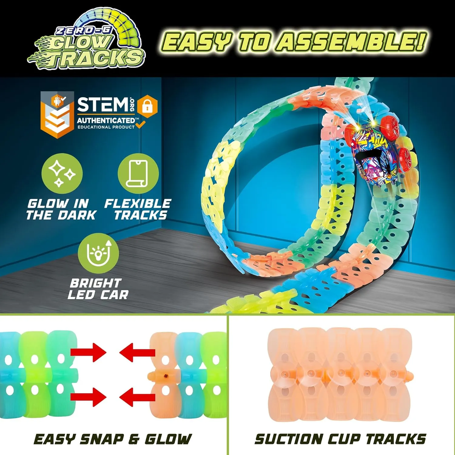 USA Toyz Zero-G Glow Race Track for Kids- 60pcs Glow in The Dark Flexible Race Track Set with Suction Cups, Slot Car, 2 Graffiti Toy Cars Shells, STEM Toy LED Car Tracks for Boys and Girls Age 3 
