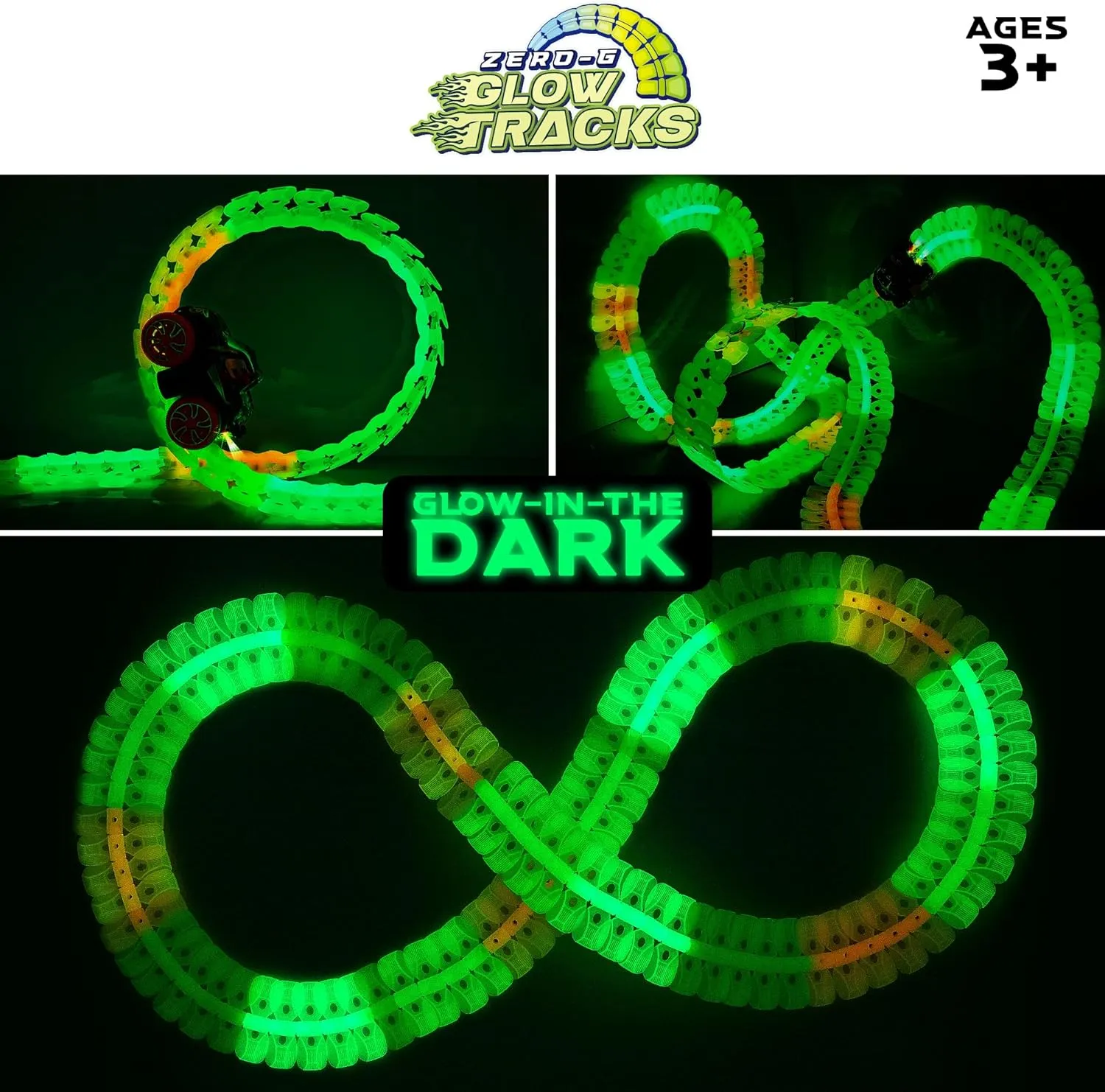 USA Toyz Zero-G Glow Race Track for Kids- 60pcs Glow in The Dark Flexible Race Track Set with Suction Cups, Slot Car, 2 Graffiti Toy Cars Shells, STEM Toy LED Car Tracks for Boys and Girls Age 3 