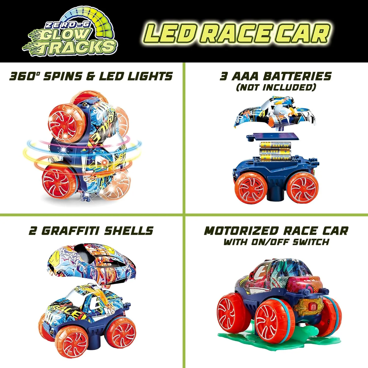 USA Toyz Zero-G Glow Race Track for Kids- 60pcs Glow in The Dark Flexible Race Track Set with Suction Cups, Slot Car, 2 Graffiti Toy Cars Shells, STEM Toy LED Car Tracks for Boys and Girls Age 3 