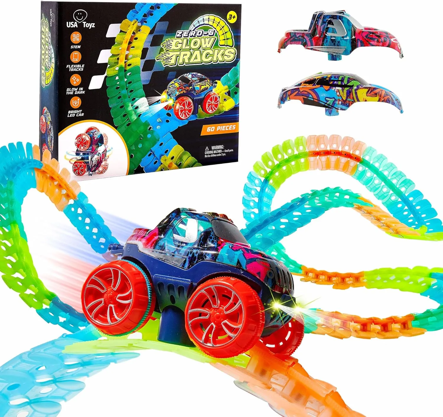 USA Toyz Zero-G Glow Race Track for Kids- 60pcs Glow in The Dark Flexible Race Track Set with Suction Cups, Slot Car, 2 Graffiti Toy Cars Shells, STEM Toy LED Car Tracks for Boys and Girls Age 3 