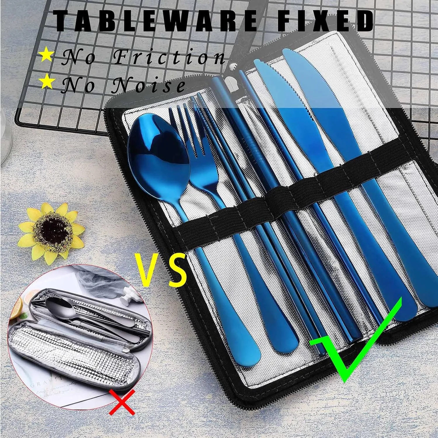 VANDBAO Camping Utensils Set, Portable Travel Utensils with Case for Fixing Tableware, Reusable Stainless Steel Cutlery Set, Includes Extra Steak Knife and Boba Straw, Lunch Flatware Silverware