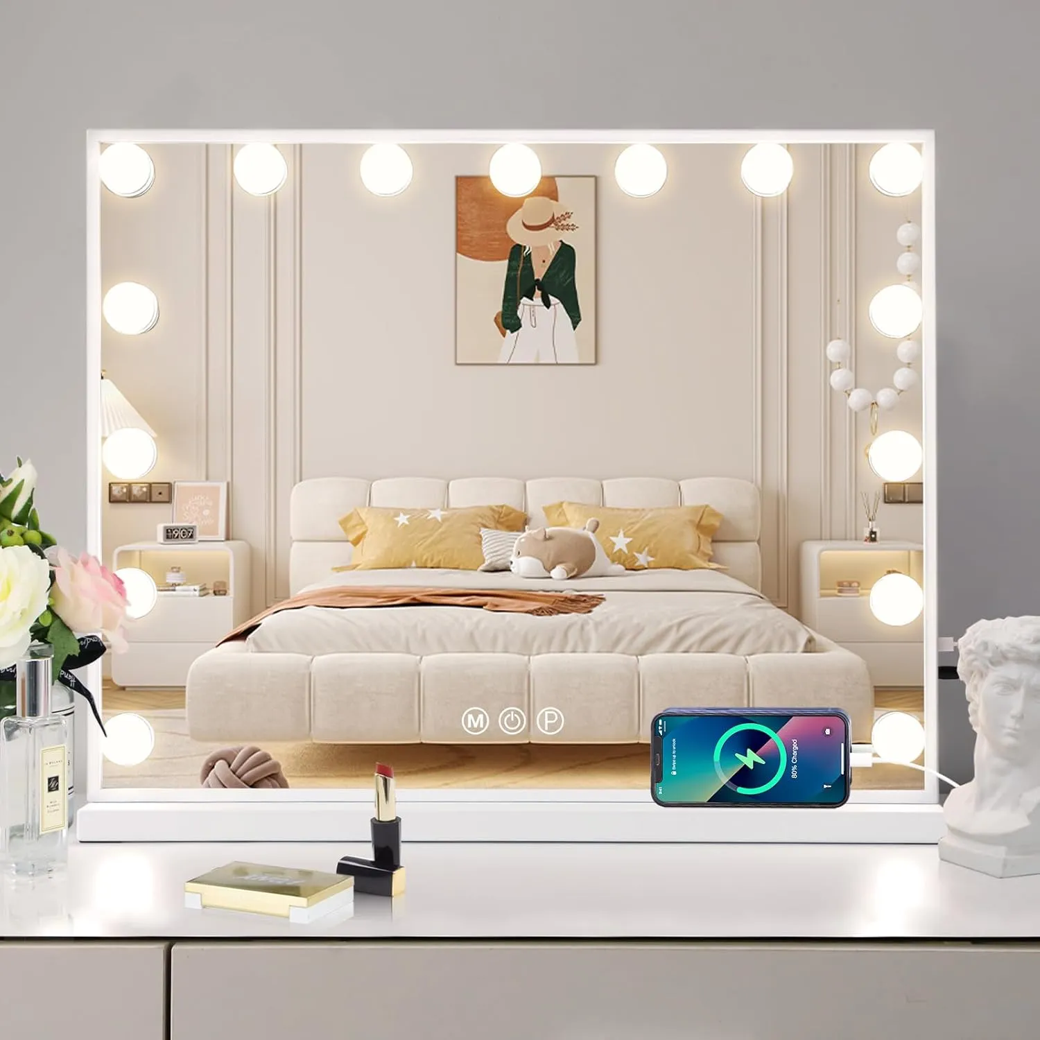 Vanity Mirror with Lights 15LED Bulbs 3 Lighting Modes Lighted Makeup Mirror for Desk or Wall-Mount Hollywood Vanity Mirror with USB Charger Port and 10X Magnification (22"x18")