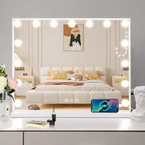 Vanity Mirror with Lights 15LED Bulbs 3 Lighting Modes Lighted Makeup Mirror for Desk or Wall-Mount Hollywood Vanity Mirror with USB Charger Port and 10X Magnification (22"x18")