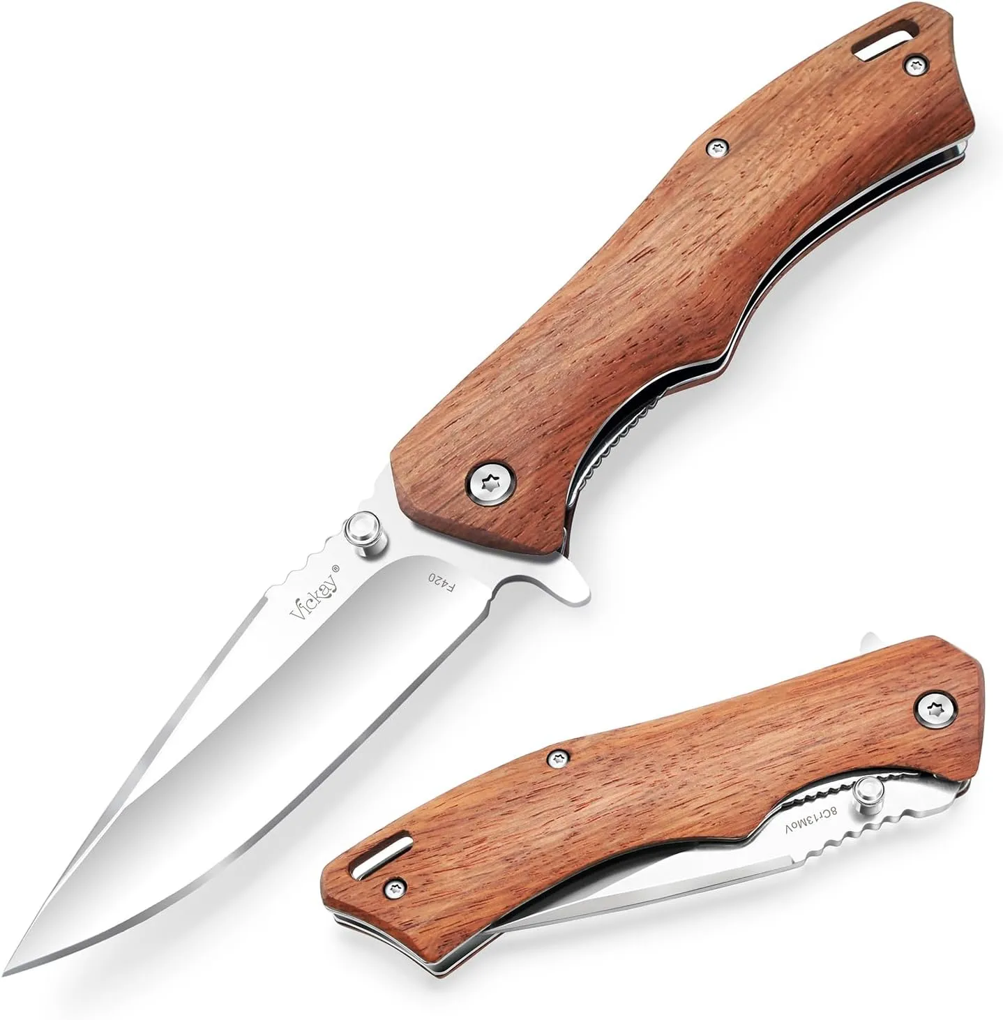Vickay Pocket Knife for Men, 3.4" 8Cr13MoV Steel Blade, Wood Handle EDC Folding Knife with Liner Lock for Outdoor Camping, Tactical, Hunting, Hiking, Survival - Father’s Day Gift