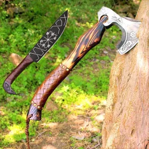 Viking Axe Gift Viking Knife with Sheath | Hand Forged Real Handmade Outdoor Hunting Camping Axes and Hatchets | Viking Gifts for Men (Ax-05)