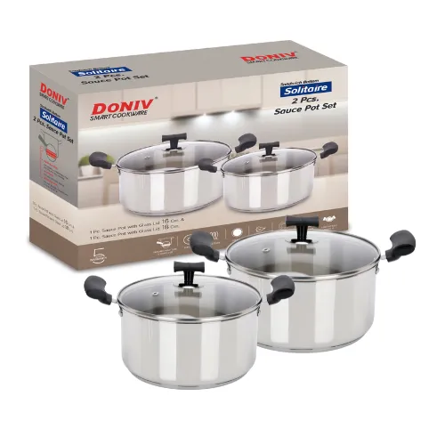 VINOD – DONIV Stainless Steel Sandwich Bottom Solitaire Sauce Pot With Glass Lid Set of 2 Pcs – 16 cm & 18 cm. (1.4 Ltr & 2.4 Ltr)