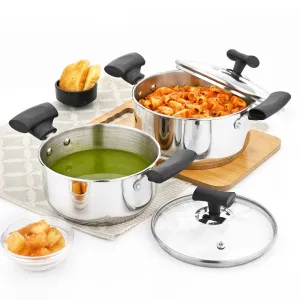VINOD – DONIV Stainless Steel Sandwich Bottom Solitaire Sauce Pot With Glass Lid Set of 2 Pcs – 16 cm & 18 cm. (1.4 Ltr & 2.4 Ltr)