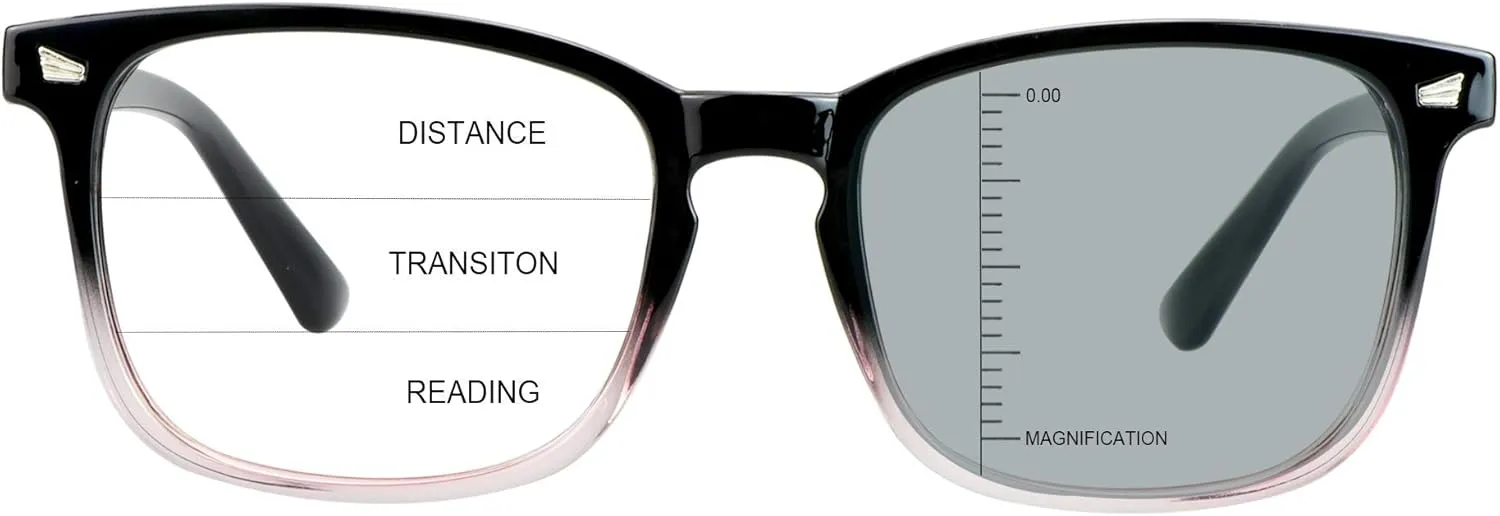 Vintage Square Progressive Multifocal Presbyopic Glasses, Photochromic Gray Sunglasses for Men Women Readers ( 0.00/ 1.00 Magnification)