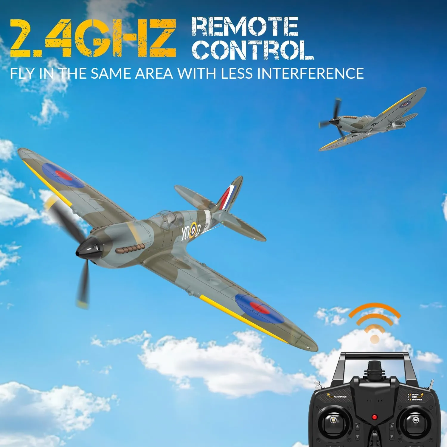 VOLANTEXRC RC Plane, 4 Channel Remote Control Airplane Fighter Spitfire RTF with Aileron, Gyro, Aerobatics & 3 Modes Easy to Fly, Hobby Radio Controlled Aircraft for Beginners, Kids & Adults (Blue)