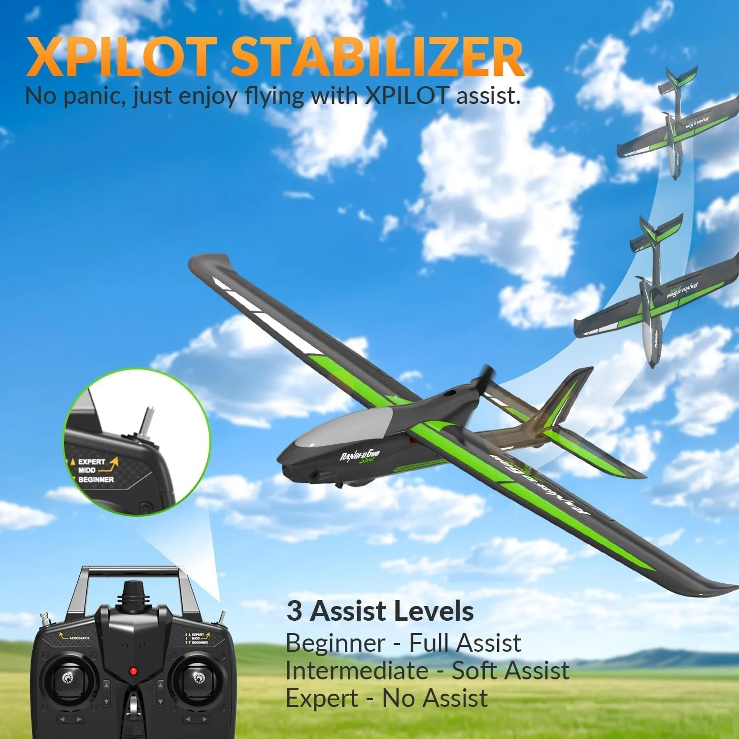 VOLANTEXRC RC Plane, 4CH Remote Control Glider Airplane RTF with 6-Axis Gyro, 3 Modes & Aerobatics Easy to Fly, 2.4GHz Radio Controlled Aircraft for Beginners, Boys & Adults, Ranger600 Stunt, Black