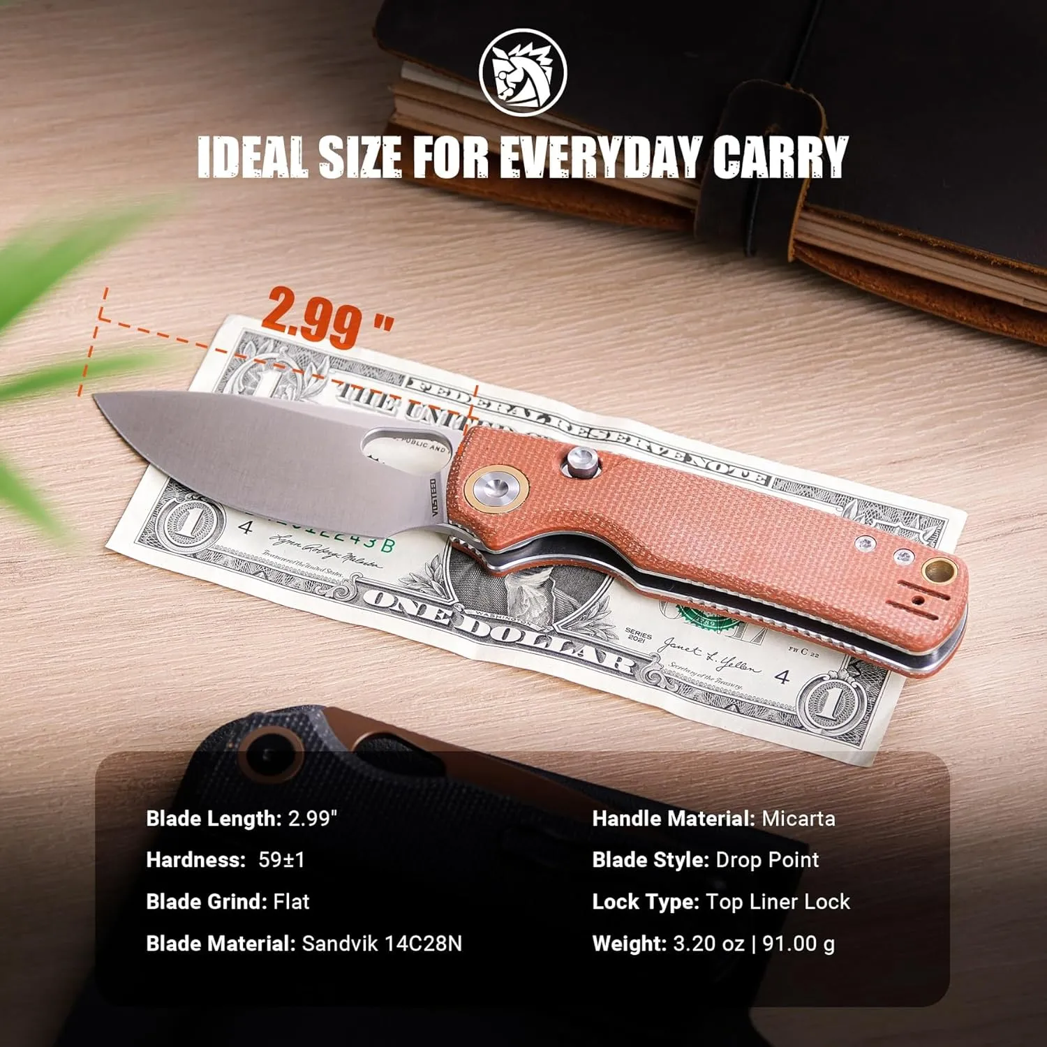 Vosteed EDC Knife, 2.99" Sandvik 14C28N Steel Wider Blade, Top Liner Lock Brown Micarta Handle, Folding Pocket Knives with Clip for Men & Women Camping Fishing - Porcupine - A2604