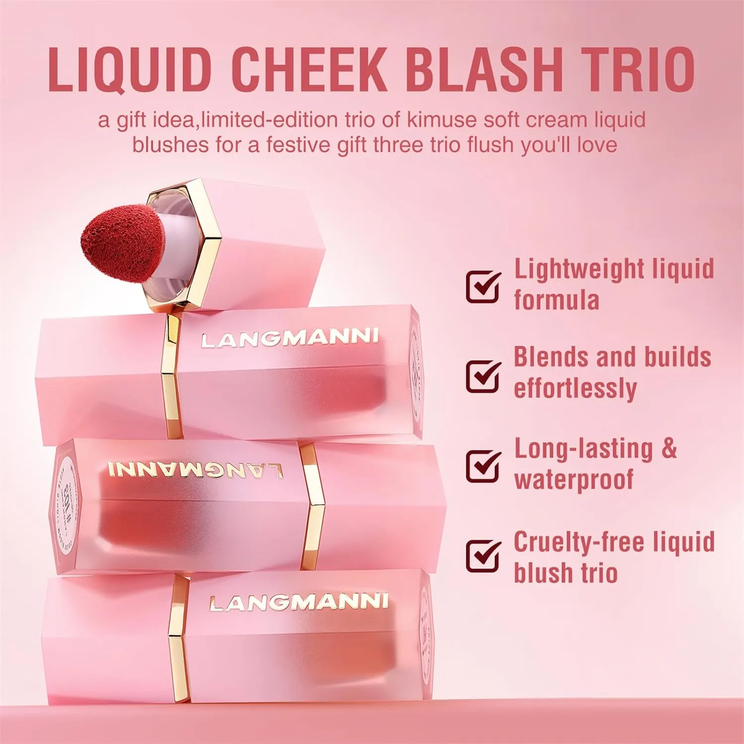 Vtrem Liquid Blush Stick for Eyes Lips Cheeks Face 3-in-1 Makeup Face Blush 3 Colors Matte Makeup Wand Contouring Natural 15ml Waterproof Sweatproof Blusher Sticks with Cushion Applicator