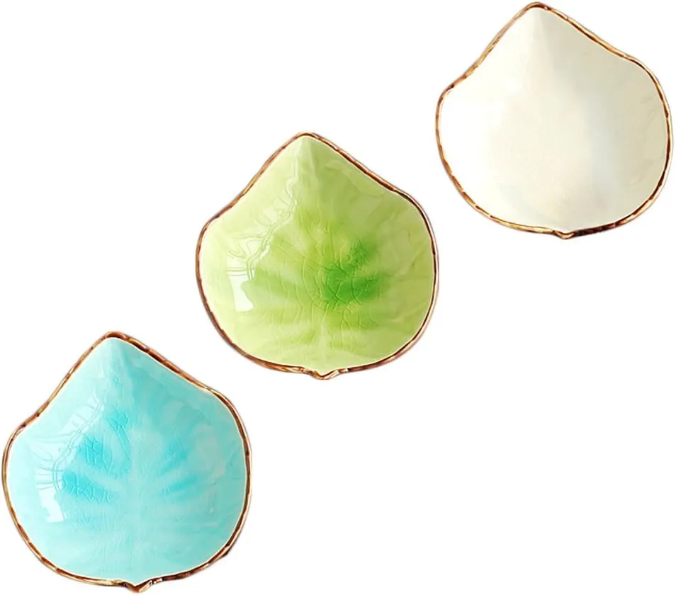 WAIT FLY Lovely Grape Leaves Shaped Ceramics Seasoning Dishes/ Tea Bag Holders/ Ketchup Saucer/ Appetizer Plates/ Vinegar Spice Salad Soy Sushi Wasabi Seasoning Dipping Bowls, Set of 3