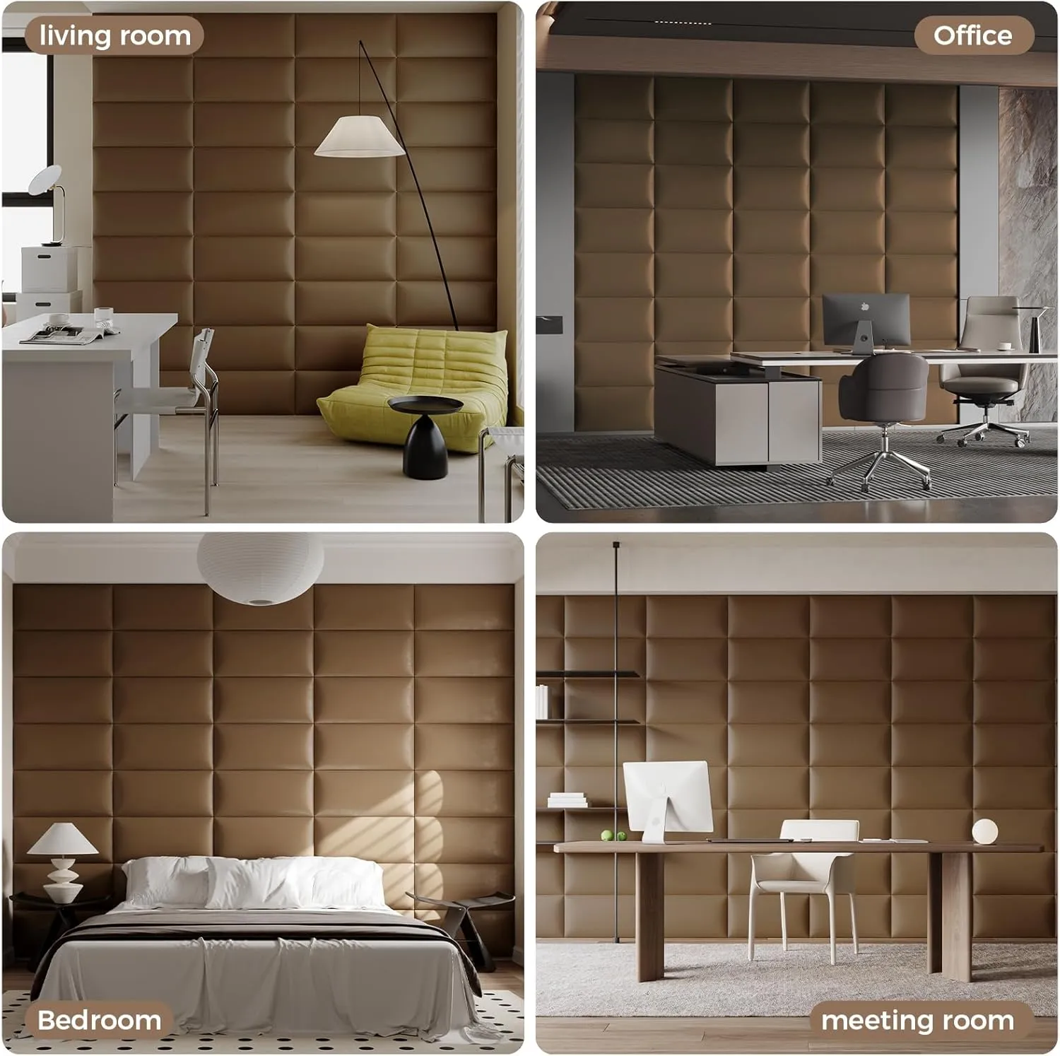 Wall-Mounted Upholstered Headboard Panels, Light Brown Faux Leather, 24x12 Inches, Pack of 6 – DIY Soundproof Accent Wall Panels for Queen, King, or Full Beds, Easy to Clean and Install