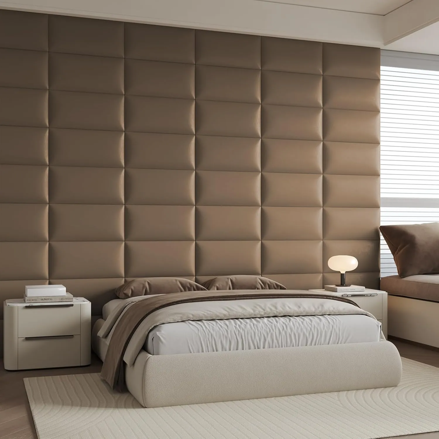 Wall-Mounted Upholstered Headboard Panels, Light Brown Faux Leather, 24x12 Inches, Pack of 6 – DIY Soundproof Accent Wall Panels for Queen, King, or Full Beds, Easy to Clean and Install