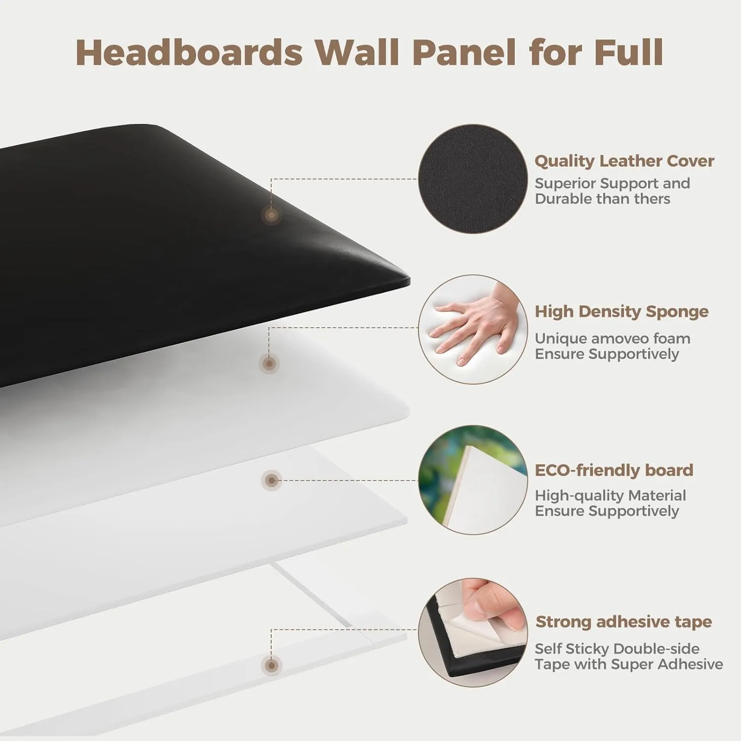 Wall-Mounted Upholstered Headboard Panels, Light Brown Faux Leather, 24x12 Inches, Pack of 6 – DIY Soundproof Accent Wall Panels for Queen, King, or Full Beds, Easy to Clean and Install
