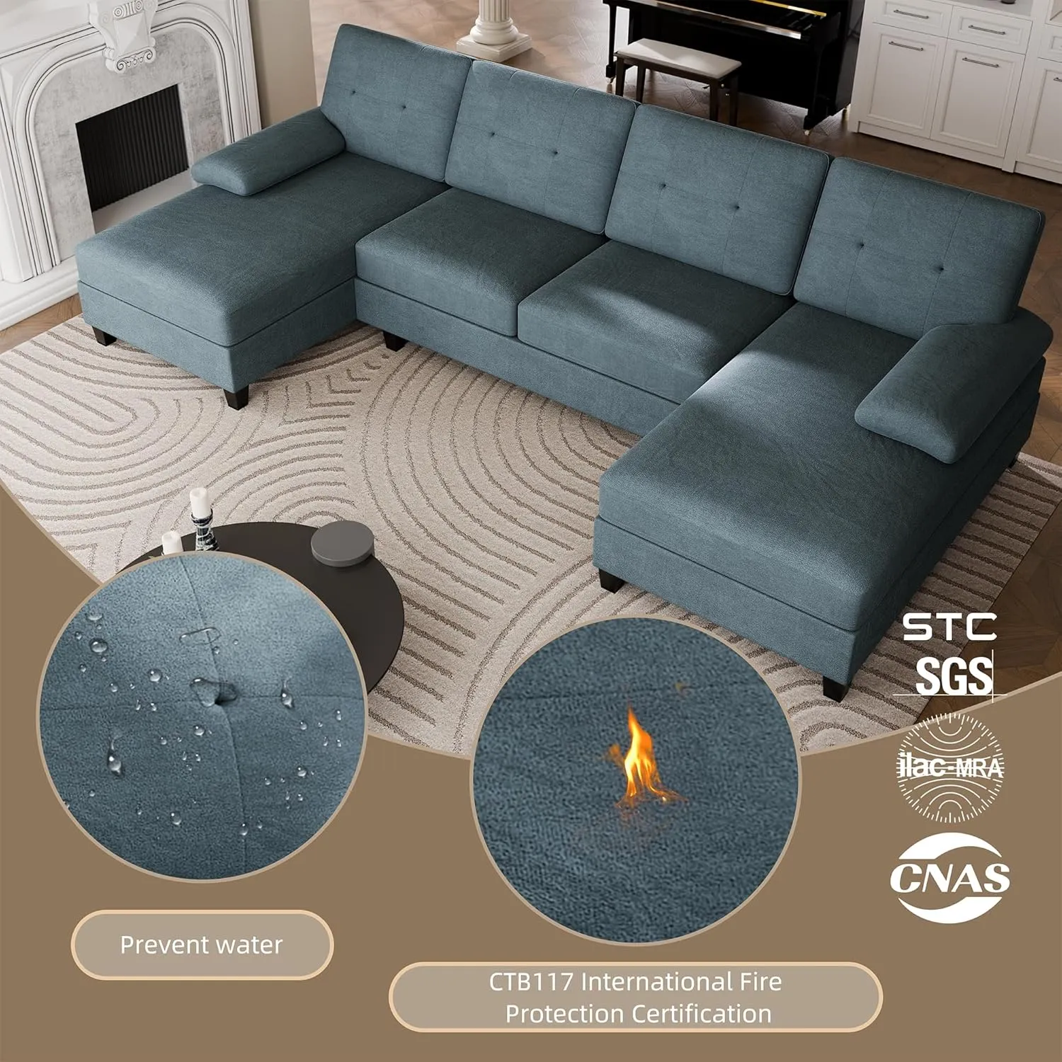 Walsunny Sectional Couches for Living Room, Convertible U-Shaped Sofa Couch with Double Chaise, 4 Seat Sofa Set Modular Sectional Sofa for Living Room, Apartment, Bedroom, Dark Grey