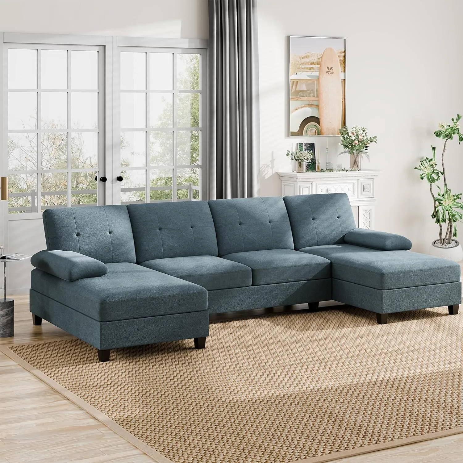 Walsunny Sectional Couches for Living Room, Convertible U-Shaped Sofa Couch with Double Chaise, 4 Seat Sofa Set Modular Sectional Sofa for Living Room, Apartment, Bedroom, Dark Grey