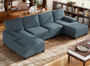 Walsunny Sectional Couches for Living Room, Convertible U-Shaped Sofa Couch with Double Chaise, 4 Seat Sofa Set Modular Sectional Sofa for Living Room, Apartment, Bedroom, Dark Grey