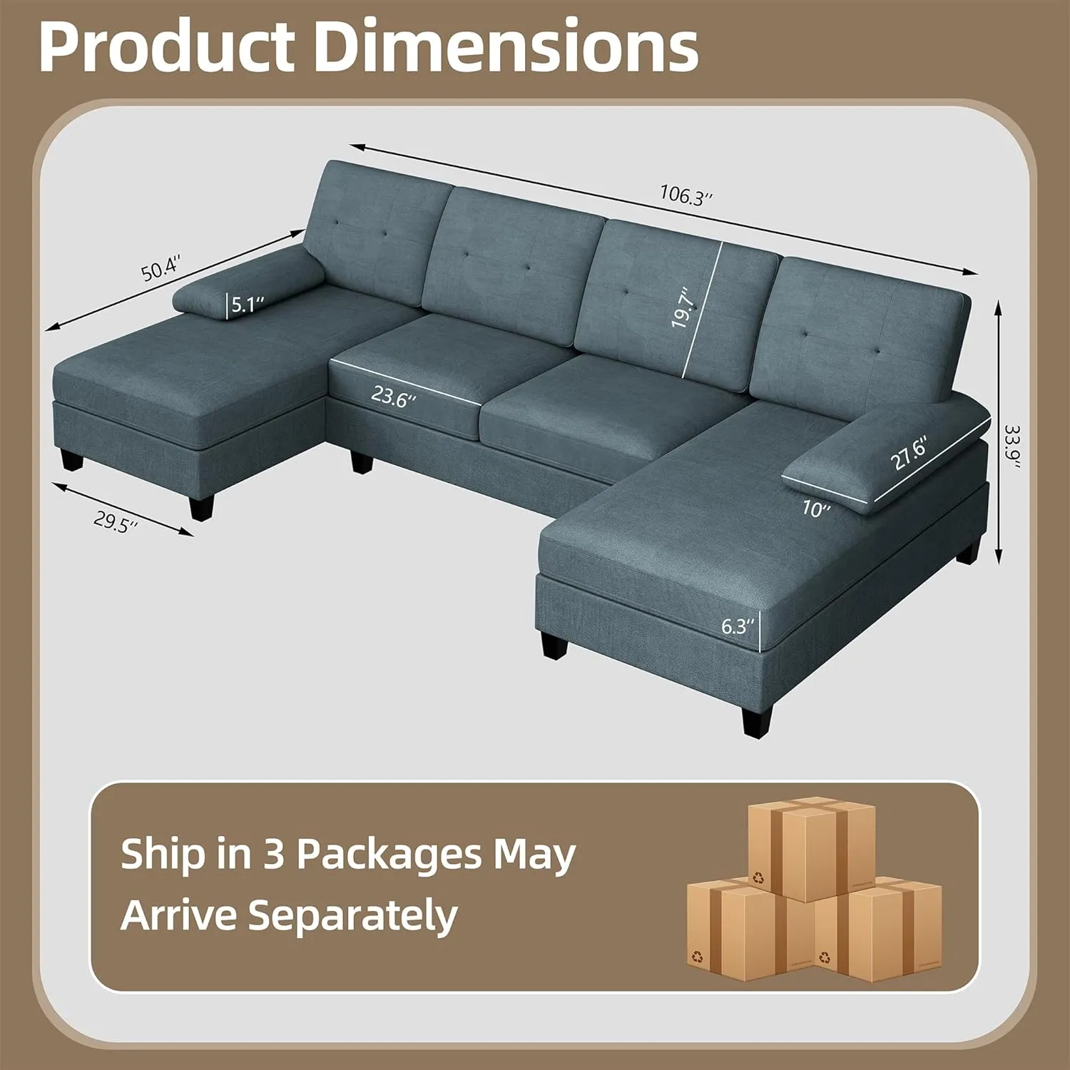 Walsunny Sectional Couches for Living Room, Convertible U-Shaped Sofa Couch with Double Chaise, 4 Seat Sofa Set Modular Sectional Sofa for Living Room, Apartment, Bedroom, Dark Grey