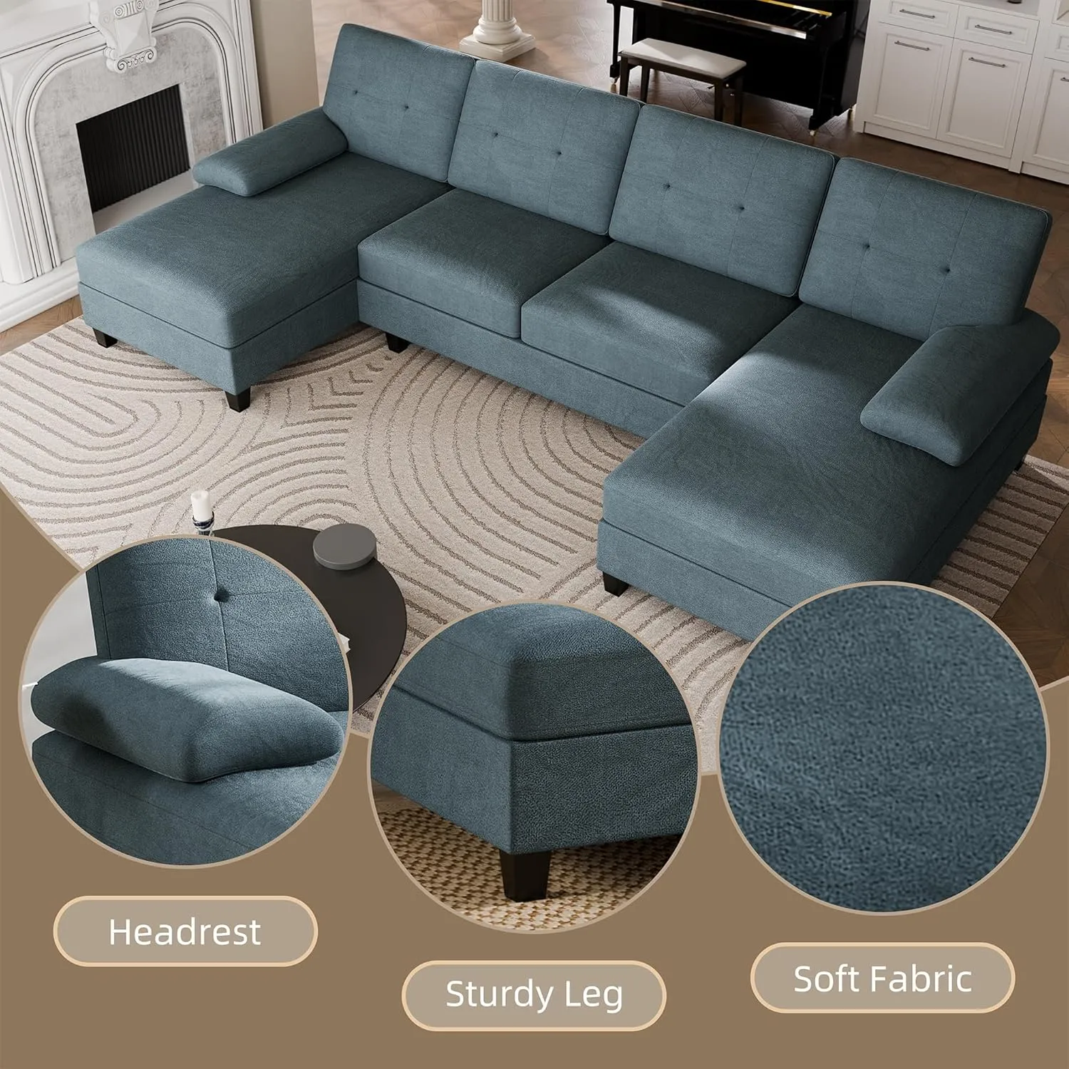 Walsunny Sectional Couches for Living Room, Convertible U-Shaped Sofa Couch with Double Chaise, 4 Seat Sofa Set Modular Sectional Sofa for Living Room, Apartment, Bedroom, Dark Grey