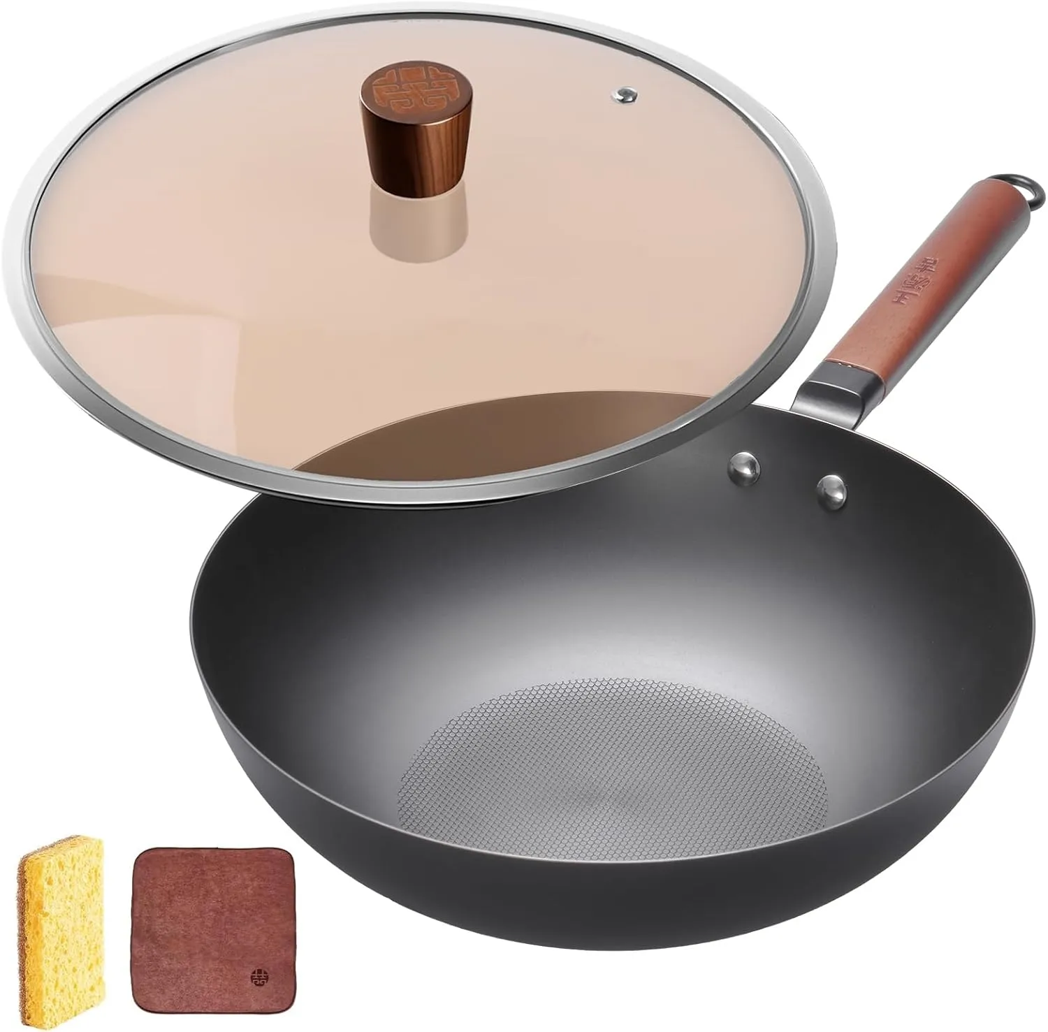 WANGYUANJI Iron Wok 12.6 inches,Wooden Handle Chinese Iron Pot Carbon Steel Wok Non-Coated Stir Fry Pan,Suitable for Home Cooking, Compatible with Induction, Gas, and Electric Ceramic Cooktops